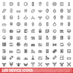 Poster - 100 device icons set. Outline illustration of 100 device icons vector set isolated on white background