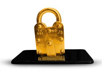 Poster - Golden Lock Placed on Mobile Screen, Strong Security Concept Background smartphone. The heavy Lock system on a smartphone screen 3d rendered