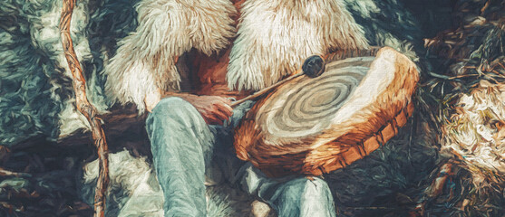 Fototapete - shamanic man playing on drum in the nature. Painting effect.