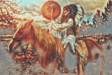 Shaman Woman In Landscape With Her Horse. Painting Effect.