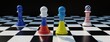 Russia vs Ukraine. Ukrainian, Russian, EU and USA flag on chess piece on chessboard 3d render