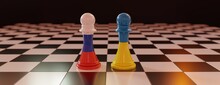 Russia Vs Ukraine, Crisis. War Threat, Conflict. Flag On Chess Piece On Chessboard. 3d Render