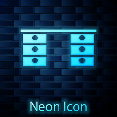 Wall Mural - Glowing neon Office desk icon isolated on brick wall background. Vector