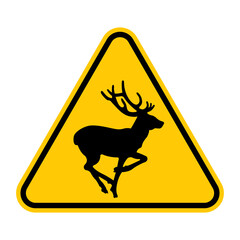 Wall Mural - Deer crossing traffic sign. Vector illustration of yellow triangle warning road sign with deer icon inside. Wild forest animals likely to be in road ahead. Caution symbol isolated on white background.