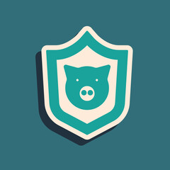 Sticker - Green Shield with pig icon isolated on green background. Animal symbol. Long shadow style. Vector