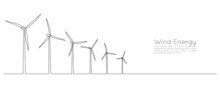 Wind Turbines And Windmill In One Continuous Line Drawing. Green Energy And Renewable Source Of Power Concept In Simple Linear Style. Web Banner. Outline Vector Illustration