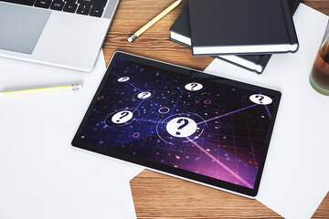 Aufkleber - Creative abstract question mark hologram on modern digital tablet display, future technology concept. Top view. 3D Rendering
