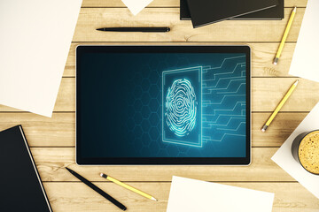 Poster - Modern digital tablet monitor with abstract fingerprint scan interface, digital access concept. Top view. 3D Rendering