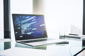 Poster - Computer monitor with abstract creative programming illustration, big data and blockchain concept. 3D Rendering