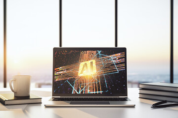 Poster - Modern computer monitor with creative artificial Intelligence icon. Neural networks and machine learning concept. 3D Rendering
