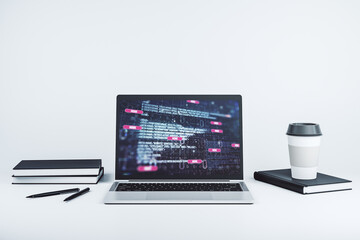 Poster - Modern computer screen with abstract creative coding sketch, artificial intelligence and neural networks concept. 3D Rendering