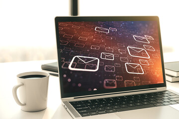 Poster - Creative abstract postal envelopes sketch on modern laptop monitor, e-mail and marketing concept. 3D Rendering