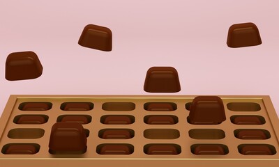 Poster - Chocolate candies in a golden box. 3d rendering