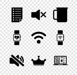 Sticker - Set Document, Speaker mute, Coffee cup, , Crown and Medical clinical record icon. Vector