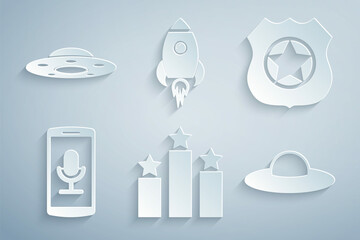 Poster - set ranking star, police badge, mobile recording, ufo flying spaceship, rocket with fire and icon. v