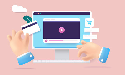 Aufkleber - Buying videos online - Hand purchasing video service with credit card on web page. Vector illustration