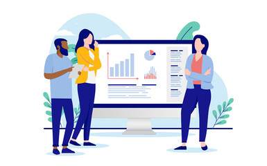 Casual people analysing data - Three businesspeople and computer with charts and graphs looking at business results. Flat design vector illustration with white background
