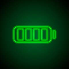 Battery simple icon, vector. Flat desing. Green neon on black background with green light