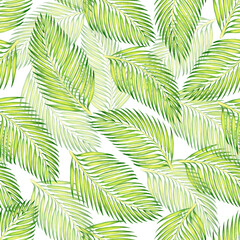  Watercolor seamless pattern. Palm leaves, in a chaotic position.