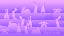 Paper Cut  Bunnies Shapes Easter Card. Greeting Celebration Background With Cute Rabbits. 
