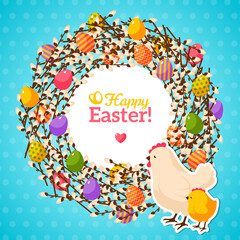 Wall Mural - Easter wreath with colorful pattern eggs and willow branches. Hen and Chicken. Vector Illustration. Cute Easter frame with place for text. Easter template design, greeting card.