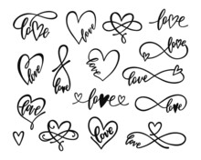 Love With Heart And Infinity Sign Hand Drawn Lettering Set. Phrases For Valentine's Day.