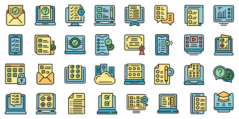 Poster - Online exam icons set outline vector. Study class. Exam test