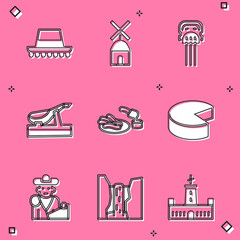 Poster - Set Spanish hat, Windmill, Peineta, jamon, Churros and chocolate, Cheese, Bullfight, matador and Algar waterfall icon. Vector