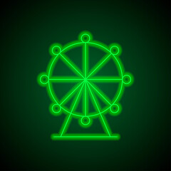 Ferris wheel simple icon. Flat desing. Green neon on black background with green light.ai