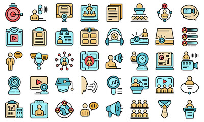 Poster - Conference icons set outline vector. Virtual zoom. Online work