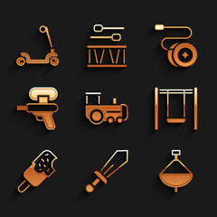 Poster - Set Toy train, Sword toy, Whirligig, Swing, Ice cream, Water gun, Yoyo and Roller scooter icon. Vector