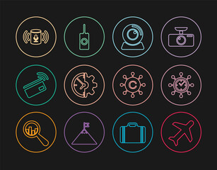 Sticker - Set line Plane, Clock and gear, Web camera, Contactless payment, Voice assistant, Copywriting network and Remote control icon. Vector