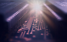 Macrophotograhy  Of Integraded Circuits On Printed Circuit Board With Golden Pads And Wires