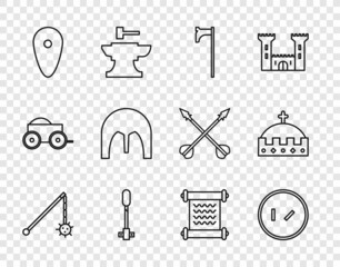 Canvas Print - Set line Medieval chained mace ball, Round wooden shield, axe, Torch flame, Shield, iron helmet, Decree, parchment, scroll and King crown icon. Vector