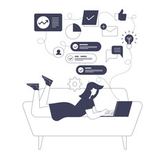 Poster - woman freelancer working on laptop, doing tasks and communicates online. businesswoman develops her 