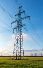 Wall Mural - power lines in the spring in a green wheat field