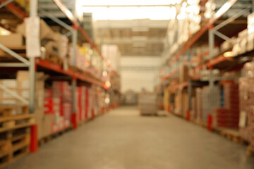 Wall Mural - Warehouse with lots of products, blurred view. Wholesale business