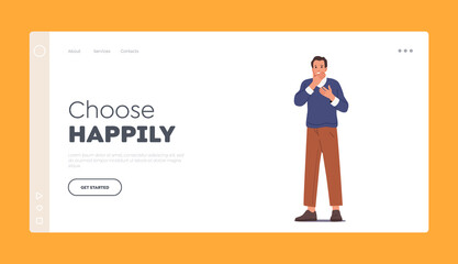 Poster - Anxiety Problem Landing Page Template. Man Cover Mouth with Palm, Businessman Suffer of Depression, Negative Emotion