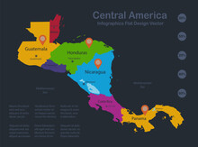 Infographics Central America Map, Flat Design Colors, With Names Of Individual States,  Blue Background With Orange Points Vector