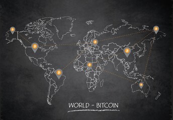 Wall Mural - World map, bitcoin network and location pointer, design card blackboard chalkboard vector