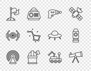 Poster - set line radar, telescope, ray gun, astronomical observatory, moon with flag, great bear constellati