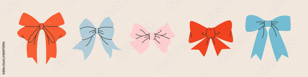 Festive gift bows and ribbons in cartoon style. Simple decorative bow ...