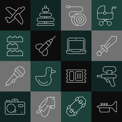 Sticker - Set line Trumpet, Water gun, Sword toy, Yoyo, Dart arrow, Toy building block bricks, plane and Laptop icon. Vector