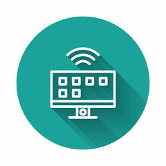Poster - White line Smart Tv system icon isolated with long shadow. Television sign. Internet of things concept with wireless connection. Green circle button. Vector