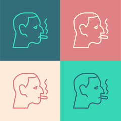 Poster - Pop art line Man smoking a cigarette icon isolated on color background. Tobacco sign. Vector