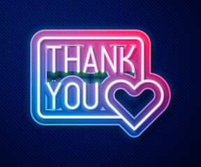 Poster - Glowing neon line Thank you with heart icon isolated on blue background. Handwritten lettering. Vector