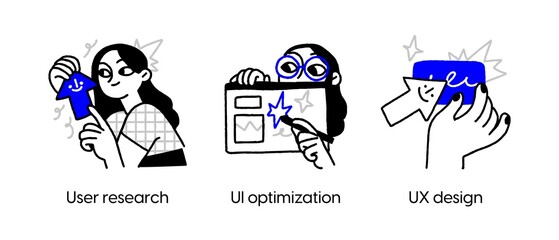 User interface development - abstract business concept illustrations. User research, UI optimization, UX design. Visual stories collection