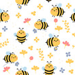 Cute seamless pattern with flying bees and flower vector illustration. Creative baby texture for fabric, paper, banner, sticker label and greeting card.