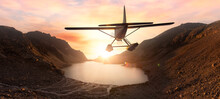 Seaplane Flying Over The Glacier Lake And Mountains Landscape At Sunset. Adventure Composite. 3D Rendering Airplane. Background Image From Whistler, British Columbia, Canada.