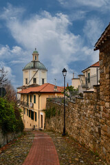 Sticker - View of the dome of the Sanctuary of Madonna of the Coast from the old mule track leading to the hamlet of San Romolo, on the hill overlooking Sanremo, Imperia, Liguria, Italy